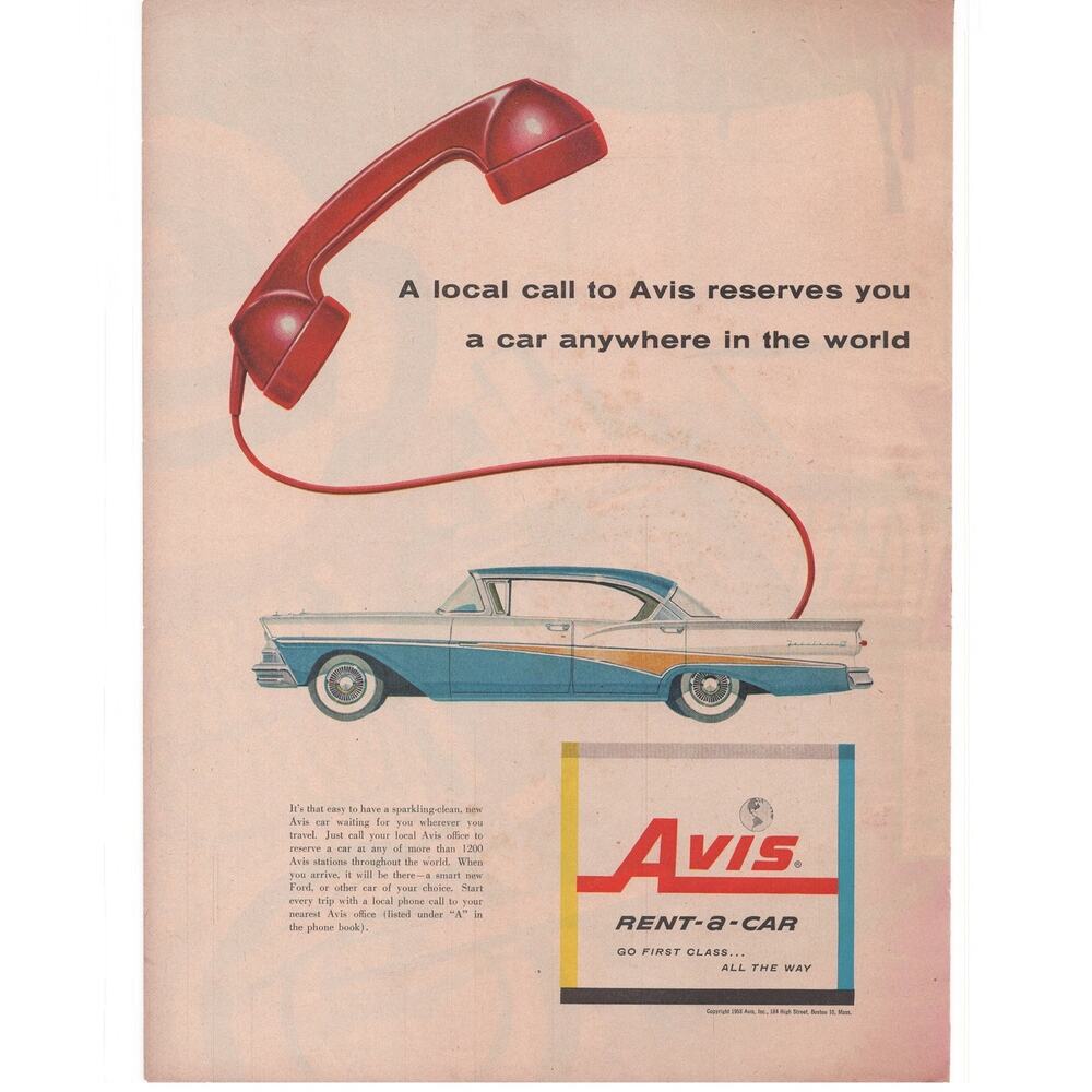 Avis Rent a Car / Pall Mall Magazine Advertisement 1958 Classic Car Phone